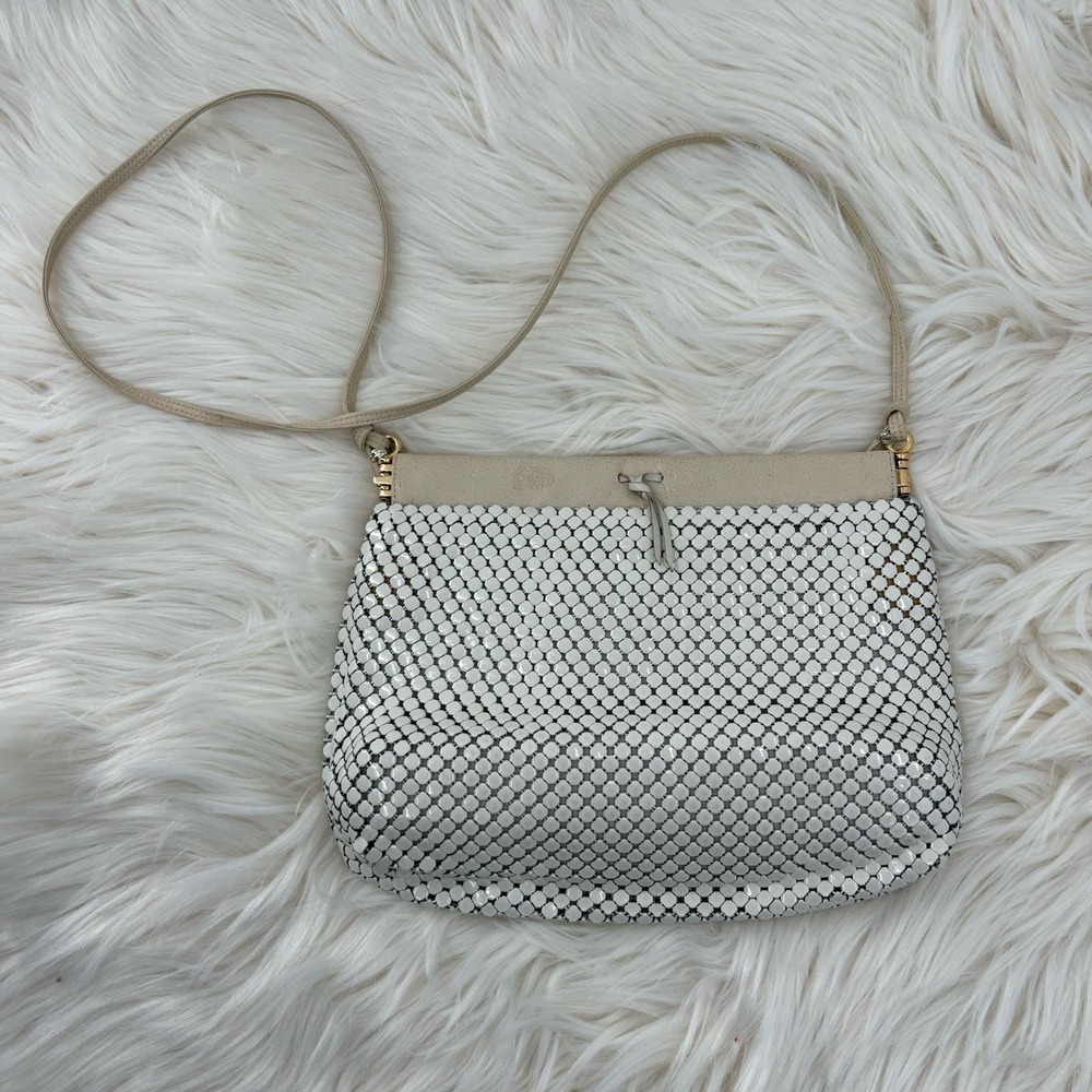 Vintage Whiting & Davis Mesh Shoulder Bag Purse With Crossbody Strap White Cream